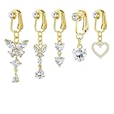 NICENEEDED 5 PCS Anillos de Ombligo Falsos, Piercing para Ombligo con Forma de Mariposa Y Corazón, con Clip Y Diamantes de Imitación, Sin Perforar.