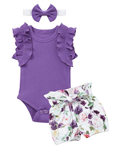 Image of Baby Girl Clothes Sleeveless Romper + Floral Shorts Infant Toddler Girl Summer Outfits 3PC Set 3-6 Months