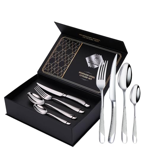 Lot de 24 couverts martelés en acier inoxydable avec couteau, fourchette, cuillère, couverts pour 6 personnes, couverts modernes en argent pour la...