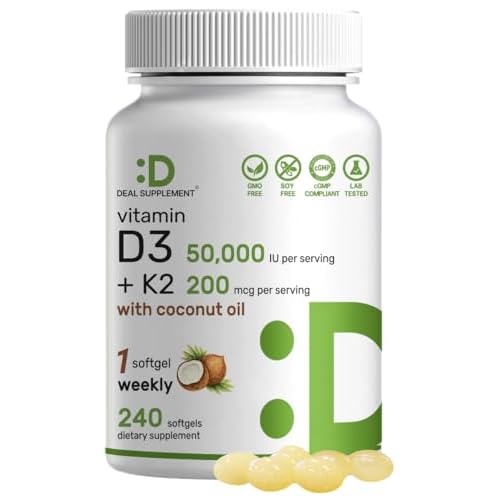 DEAL SUPPLEMENT Vitamin D3 50,000 IU + K2 MK7 200mcg Softgels, 240 Count | 2-in-1 Complex with Virgin Coconut Oil | Supports Heart, Bone, Teeth & Immune Health | Easy to Swallow