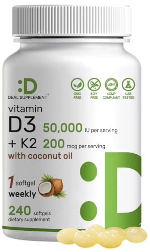 DEAL SUPPLEMENT Vitamin D3 50 000 IU + K2 MK7 200 mcg 240 Softgels | Virgin Coconut Oil Max Strength Vitamin D & K Promotes Heart Bone & Teeth Health One Softgel Weekly Easy to Swallow