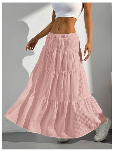 Image of Verdusa Women's Long Maxi Skirt Boho Flowy Flared Ruffle Skirts 2026 Beach Vacation Summer Going Out Outfits