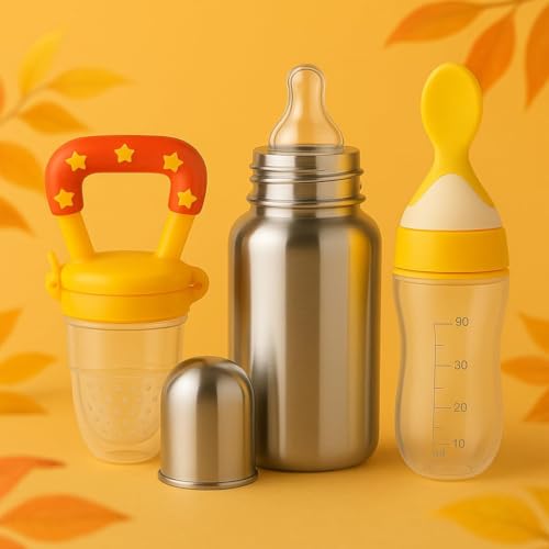 Image of Shark Doo Doo Stainless Steel Bottle for Babies (0-12 Months) - 250ml with Silicone Cleaning Brush (Combo Pack) | BPA Free (SS 6in1 Combo Orange)