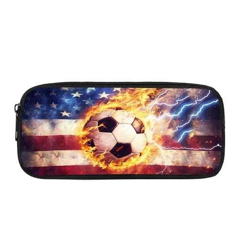 Image of Fire Football Pattern Pencil Case School Supplies for Boys Girl American Flag Storage Bag