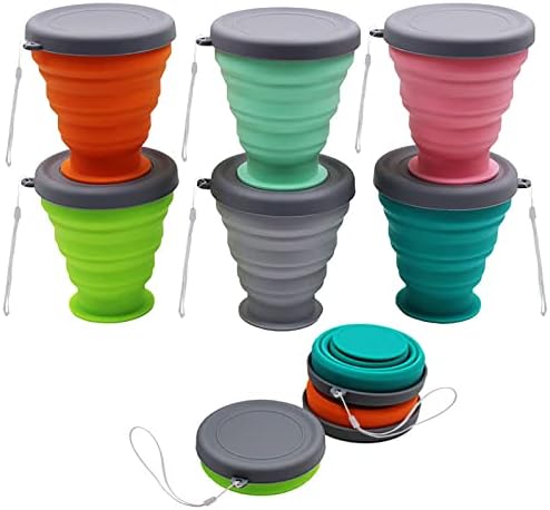 Collapsible Silicone Cup - 6 Piece Collapsible Silicone Cup with Lid, Expandable Drinking Glasses Set, Reusable Cup, Suitable for Camping and Hiking