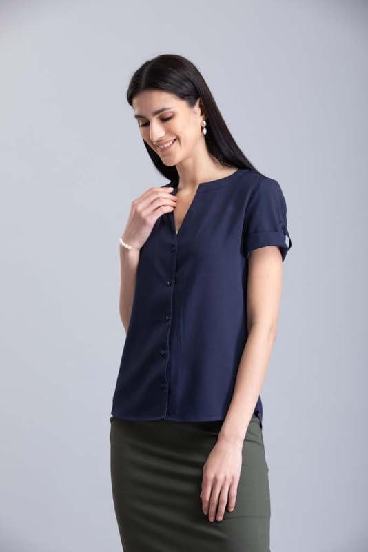 Image of FableStreet Women Formal Top | Asymmetrical Button Placket Band Collar Three-Quarter Sleeves | Pure Cotton Smooth Fabric for Office & Workwear