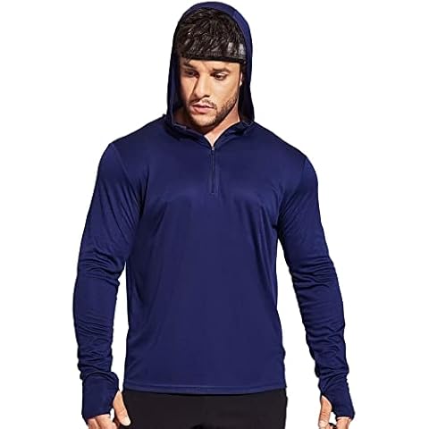 Haimont Men's UPF 50+ UV Sun Protection Hoodie 1/4 Zip Long Sleeve Shirts with Thumbholes, Quick Dry Running Shirt, Navy, Large Cover
