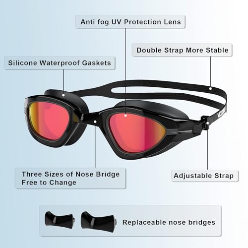 Foto von Vgooar Schwimmbrille, Anti-Beschlag, UV-geschützt Schwimmbrille für Erwachsene, auslaufsicher mit 180-Grad-Sichtfeld, austauschbarer Nasensteg und verstellbarem Gurt für Männer und Frauen