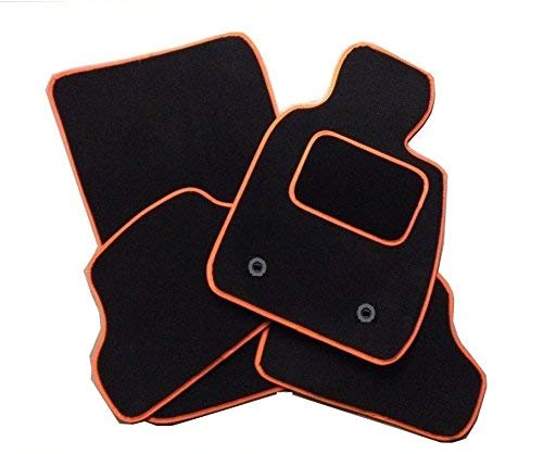Image of TAILORED FOR: Ford Focus MK2 (2005-2011) - PREMIUM GENUINE TAILORED EXACT FIT CARPET CAR MATS - BLACK MAT + ORANGE TRIM