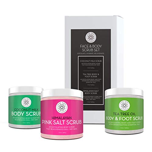 Face Scrub and Body Scrub Gift Set with Himalayan Salt Facial Scrub, Coconut Milk Body Scrub, and Tea Tree Oil Foot Scrub - Self Care Gifts for Women and Men - by Pure Body Naturals (3 x 12 oz jars)
