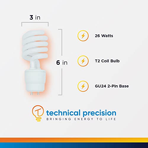120V 60Hz 26W Gu24 Light Bulb Replacement For Maxlite Mls26Gu Light Bulb By Technical Precision - T2 Spiral Gu24 Cfl Self Ballasted Lamp Bulb With Two Prongs - 2700K Warm White - 1600 Lumens - 1 Pack #TOP1