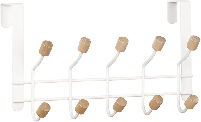 HYMIKO Over Door Hooks, Over Door Hanger 10 Hooks, Door Hooks for Bedrooms/Bathroom,Sturdy Metal Over Door 10 Wooden Coat Hooks for Coat Hat Towel Robes Belt , White (10 Hooks)