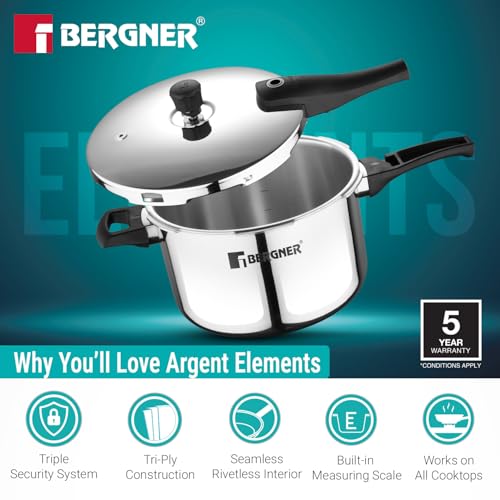 Image of Bergner Argent Elements Triply Stainless Steel 5.5 L Outer Lid Pressure Cooker, Healthy Cooking, Even Heat Distribution, Sturdy Handle, Easy Lock System, Safety Gasket - Induction and Gas Stove Ready