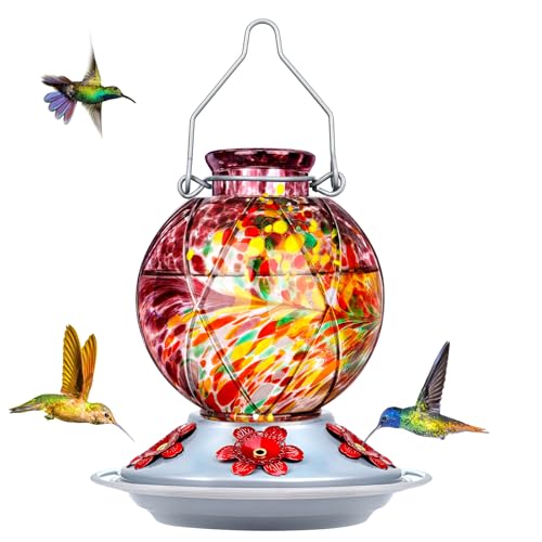 Hummingbird Feeder, BOLITE Glass Hummingbird Feeders for Outdoors Hanging, Meshy Texture Ball Shape with Ant Moat, 5 Bee-Proof Ports, 360° Perch, Leak-Proof, 20oz, Purple, Gifts for Mom Dad