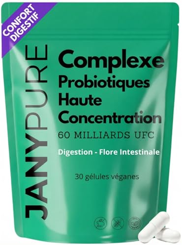 Probióticos Flora Intestinal 60 mil millones UFC/Día - 10 Cepas - Digestión Hinchazón Gas Vientre Plano - 30 Cápsulas Vegetales Bolsa Enfermable - Fermentos Lácticos