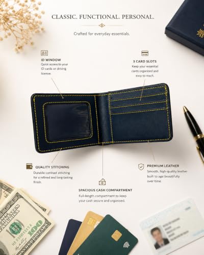 Image of B'Code Customised Original Leather Wallet for Men with Name, Personalized Purse (Navy Blue) Unique Stylish Gift for Brother, Husband, Boyfriend, Birthday, Rakshabandhan, New Year, Valentine's Day