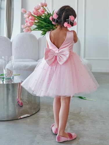 Flower Girl Dress Tulle Satin Wedding Party Dress with Pearls Gilrs Birthday Party Dress with Bow-Knot3