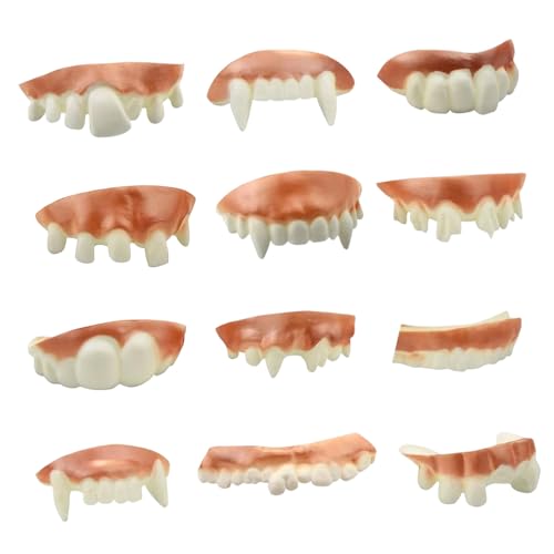 AIWXEEU Lot de 12 Faux Dentier Drôle pour Halloween, Fausses Dents Effrayantes en PVC Adulte, Accessoire Déguisement Cosplay, Dentition Moche pour Fête et...