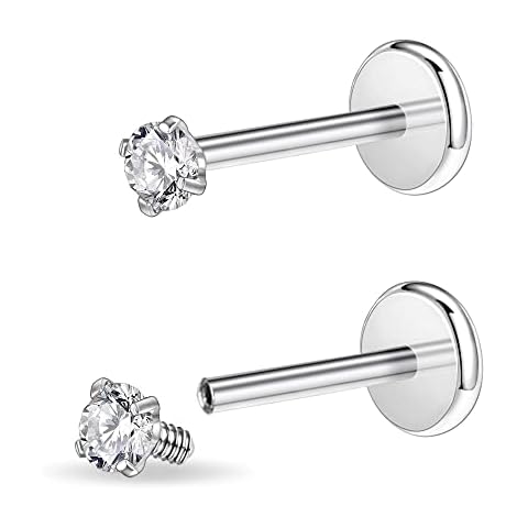 PunkTracker 16g/18g Surgical Steel Internal Thread CZ Stud Piercing Jewelry for Tragus/Nose/Helix/Conch/Medusa/Lip/Labret - Helix Tragus Cartilage Earring for Women Men 2PCS Cover