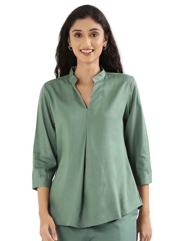 Image of SAADAA Top for Women, Viscose Pleated Tops, V-Neck with a Collar, 3 /4 Sleeve Length, Office & Casual Wear