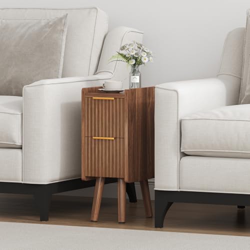 Image of ELYKEN 7.9 inch Fluted Narrow Nightstand, 20.6 inch H Skinny Side Table, Walnut