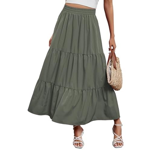 Arolina Maxi Skirt for Women Summer Boho Elastic High Waist Pleated A-Line Flowy Ruffle Swing Tiered Long Beach Skirt Dress X-Large Green