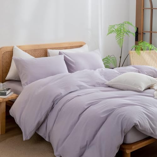 Image of BESTOUCH Cotton Solid Duvet Cover Set Linen Feel Taro Purple Alaska King | 100% Washed Cotton, Soft Wrinkle Texture, Hidden Zipper, 8 Ties, Breathable Lightweight Durable Comfy, 3 Pcs No Insert
