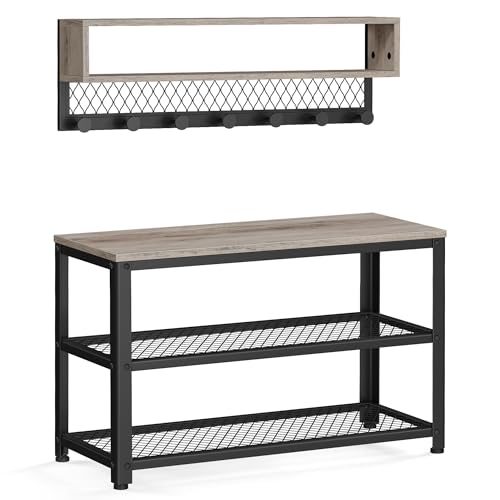 VASAGLE Coat Rack Shoe Bench Set, Hall Tree with Bench, Entryway Furniture, Multifunctional, Dot Coat Hooks, 2-Tier Shoe Rack, Industrial Style, for Entryway, Hallway, Heather Greige ULCR073K02