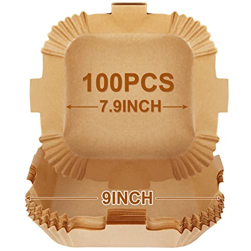 Image of BYKITCHEN Air Fryer Liners Square, 100pcs 7.9 Inch Air Fryer Parchment Paper Liners Disposable, Large Greaseproof Paper for Air Fryer, Compatible with COSORI, Ninja, Tower Cosori (Unbleached)