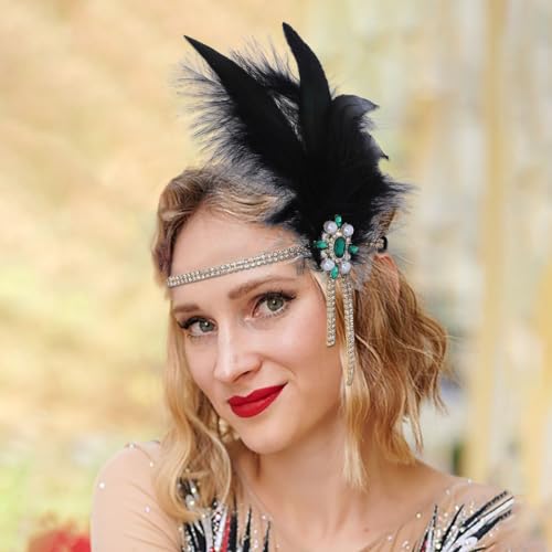 IYOU Feather Gatsby Headpiece Black Flapper Headband Prom 20s Hair Accessories for Women - Image 3