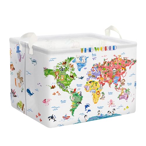 Clastyle Back to School World Map Storage Bin Alphabet Animals Baby Gift Basket Playroom Nursery Kid Toy Basket Organizer Rectangle Clothes Books Shelf Basket