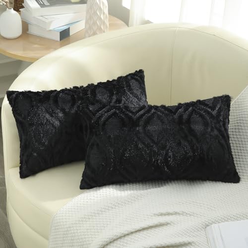Image of decorUhome Fall Throw Pillow Covers 12x20 Inch Set of 2, Soft Plush Faux Wool Black Solid Couch Pillow Covers, Accent Farmhouse Neutral Rectangle Pillow Cases for Sofa Bed Living Room