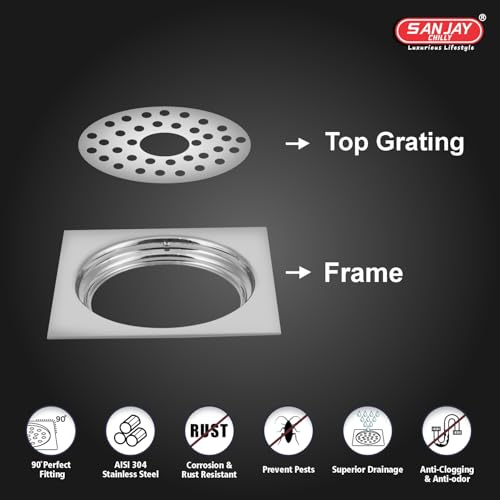 Image of SS Floor Drain with Pipe Hole 304 Grade Bathroom Gratings Water Drain Strainer Kitchen Sink Bathtub Laundry & Toilet Cover Drain Jali (Square Gypsy Silver 4x4 INCH)