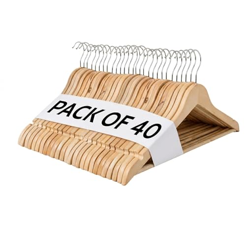 REQUISITE NEEDS Wooden Coat Hangers 40 Pack With 360 Degree Rotatory Hook Strong Shoulder Notches Wardrobe Wooden Garments Hangers Made By Natural Wood and Non-Slip Trouser bar (Pack of 40)
