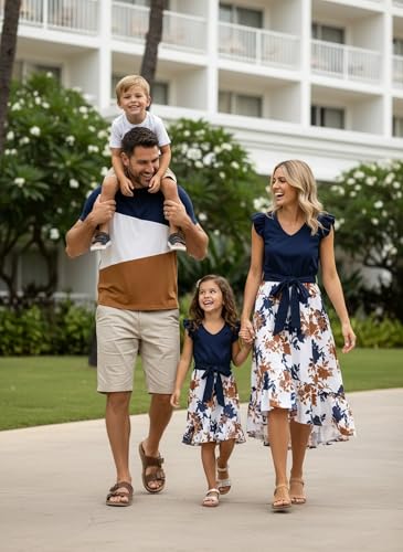 Image of PATPAT Family Matching Outfits Mommy and Me Outfits Floral Dress & Tee Sets | Couples Matching Outfits, Women Girl Flutter Sleeve Dress, Men Boy Cotton Blend T-shirts, Beach Vacation, Family Photoshoot