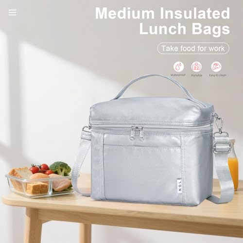 NOL Natural Organic Lifestyle Insulated Lunch Bags for Women Cooler Bag Lightweight Nylon Waterproof Lunch Box For Work (Silver, Medium(normal))