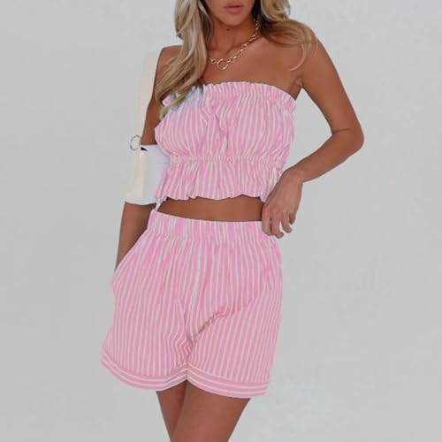 Image of Yuemengxuan Women Shirred Top Shorts Summer Outfits Set 2 Piece Striped Pajamas Set Sleeveless Ruched Bandeau Tube Top Shorts