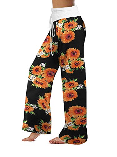 Image of iChunhua Women's Comfy Stretch Floral Print Drawstring Palazzo Wide Leg Lounge Pant