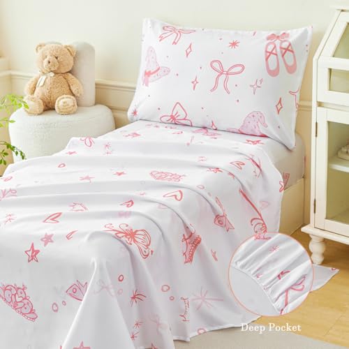 Image of PERFEMET 4 Pieces Bow Comforter for Toddler Girls Reversible Bowknot Pink Toddler Bedding Set Ultra Soft Lightweight Princess Crib Bed Set with Sheets