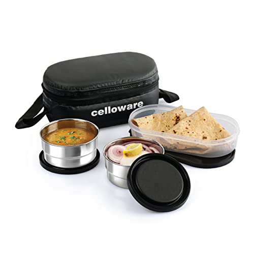 CELLO Double Treat Set of 3 Pcs Lunch Box for Office Use with Jacket Black | 2 x300ml Stainless Steel Containers, 1 x Oval Container| Lightweight Leak