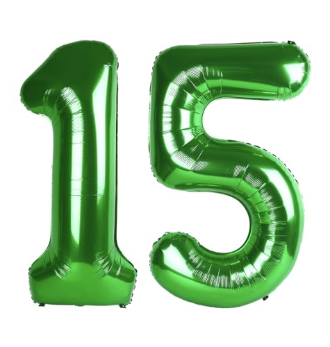 Image of Number Balloons Dark Green 15 Balloon 40 inch for 15 51 Birthday Decoration | Saturated Color, Large 40 in, With Inflation Straw & Hanging Hole, For Back-To-School Season, Forest Picnic Party, Christmas
