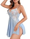 Avidlove Women Lace Lingerie Mesh Chemise V Neck Babydoll Full Slip Nightdress Sky Blue