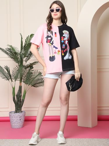 Image of Fabflee Oversized Cotton Baggy Drop Shoulder Graphic Tee with Half Sleeves | Korean Casual Loose T-Shirt for Women
