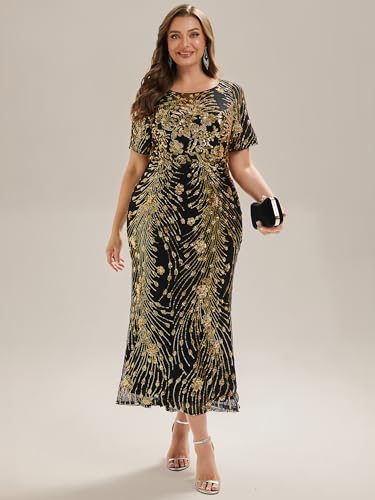 Image of Ever-Pretty Plus Women's Short Sleeves Bodycon Sequin Ball Gown Maxi Plus Size Formal Evening Dresses Vestidos De Fiesta