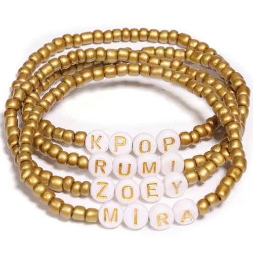 AICase for Kpop Demon Hunters Golden Merch Rumi Zoey Mira Inspired Bracelets for Saja 4 Pcs Stackable Stretch Friendship Beaded Bracelets for Huntrix k pop Merchandise Jewelry Gifts for Fans