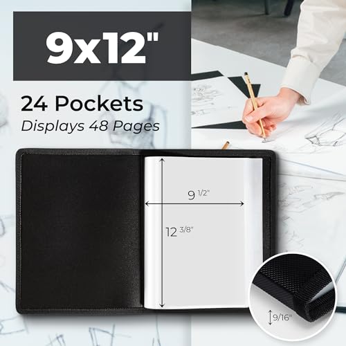 Dunwell 9x12 Art Portfolio Binder, Black Mounting Paper, Portfolio Binder for Artwork, 9 x 12 Art Folder, 24 Pockets Display 48 Pages, Acid-Free Poly Presentation Book
