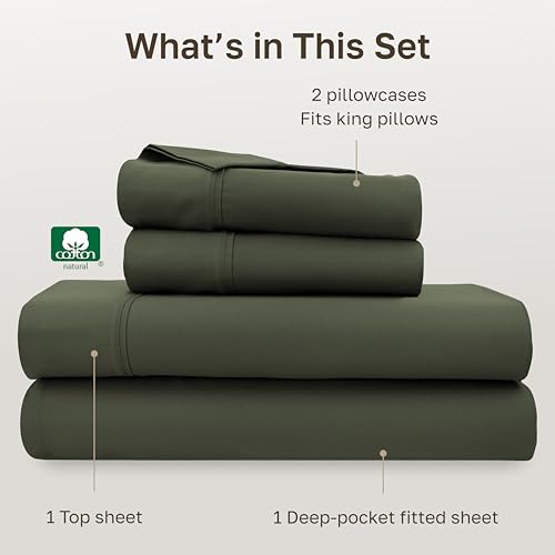 Image of California King Sheet Sets - Soft 400 Thread Count Sateen, Natural 100% Cotton Bed Sheets California King Size Set, Deep Pockets, All Around Elastic, Durable Bedding - Forest Green
