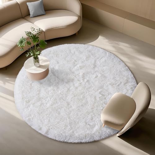 White Round Rugs for Bedroom 4x4 ft - Ultra Soft Faux Fur Area Rug - Plush Non-Slip Shaggy Carpet for Living Room, Cozy Fluffy Rug for Kids Boys Girls Dorm Nursery Room, High Pile Floor Carpet