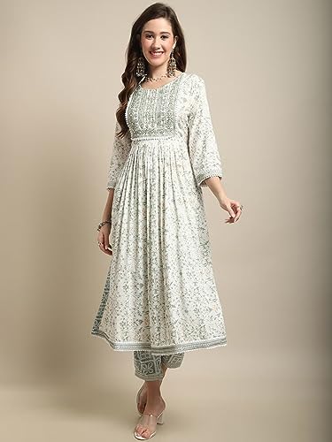 Amayra Women's Viscose Rayon Nayra Cut Embroidered Kurta with Pant and Dupatta Set