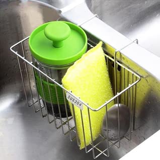 BERRYLION Kitchen Sponge Holder, Sink Basket Sink Caddy, Kitchen Sink Brush Soap Dishwashing Liquid Drainer Holder, Stainless Steel Drainer Rack (Silver B-Simple Style)